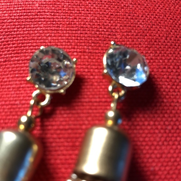 Diamond Style Rhinestone & Chain Dangle Earrings Gold Toned Pierced Back - Picture 3 of 8